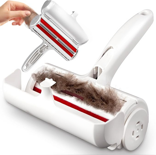 Roller Pet Hair Remover and Reusable Lint Roller - Cat and Dog Hair Remover for Furniture, Couch, Carpet, Clothing and Bedding - Portable, Multi-Surface Fur Removal Tool (White)