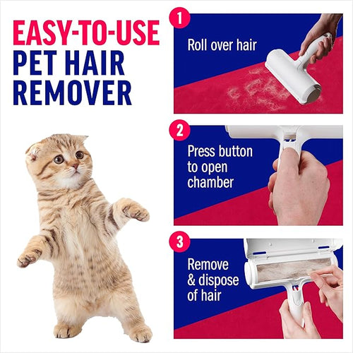 Roller Pet Hair Remover and Reusable Lint Roller - Cat and Dog Hair Remover for Furniture, Couch, Carpet, Clothing and Bedding - Portable, Multi-Surface Fur Removal Tool (White)