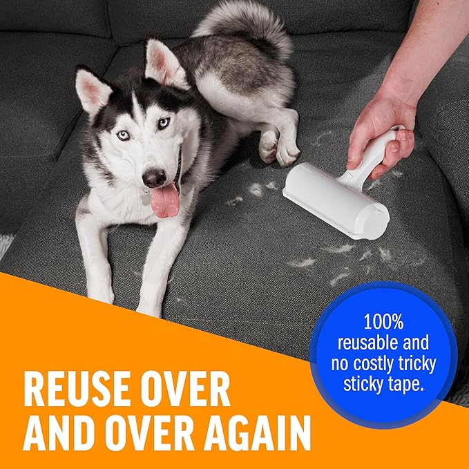 Roller Pet Hair Remover and Reusable Lint Roller - Cat and Dog Hair Remover for Furniture, Couch, Carpet, Clothing and Bedding - Portable, Multi-Surface Fur Removal Tool (White)