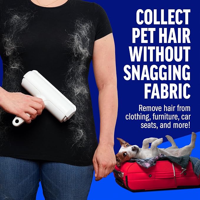 Roller Pet Hair Remover and Reusable Lint Roller - Cat and Dog Hair Remover for Furniture, Couch, Carpet, Clothing and Bedding - Portable, Multi-Surface Fur Removal Tool (White)